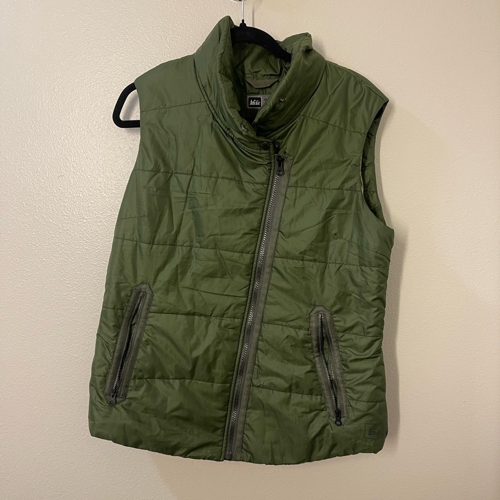 REI Vest Womens Small Green Puffer Full Zip Mock Neck Pockets Outdoors size m